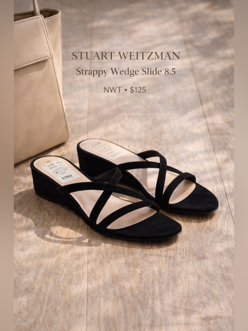 Stuart Weitzman Black Strappy Wedge Sandals Size 8.5 NWT